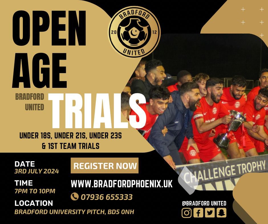 🚨Trials 2024 ⚽️ Day 2 🚨

After a successful first day last week we have a second trials day on 10th of July 7pm.

Limited spaces available. Register today to confirm your spot. bradfordphoenix.uk/trial/ or contact us on 07936655333