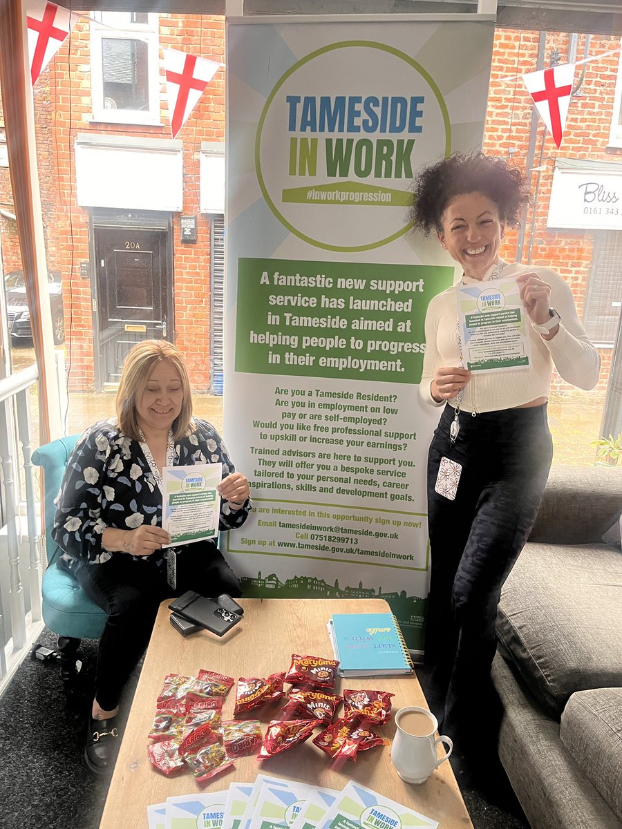 The lovely Lynn &amp; Ella from Tameside in work are here until lunchtime today to offer support and advice for anyone wishing for a career change or advice about current work situation. 

Pop by - (they have snacks too 😋 🍬 🍪) 

#Employment #Work #Tameside