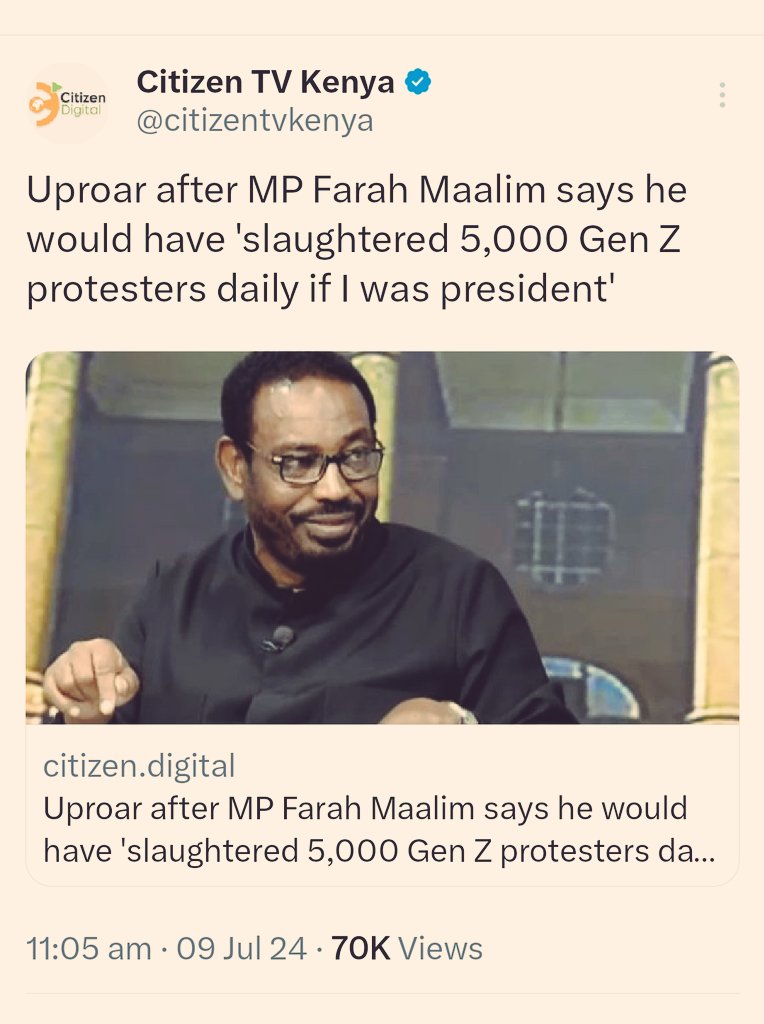 itskipronoh's tweet photo. Farah Maalim hates Kenyans so much. There was a day when he was captured insulting Kenya while he was in Somalia. Now he is saying that 5000 Gen Zs deserves to be eliminated daily. We will not give him time to rest. Arrest Faram! #OccupyCBDTuesday https://t.co/kfJyXihWvH