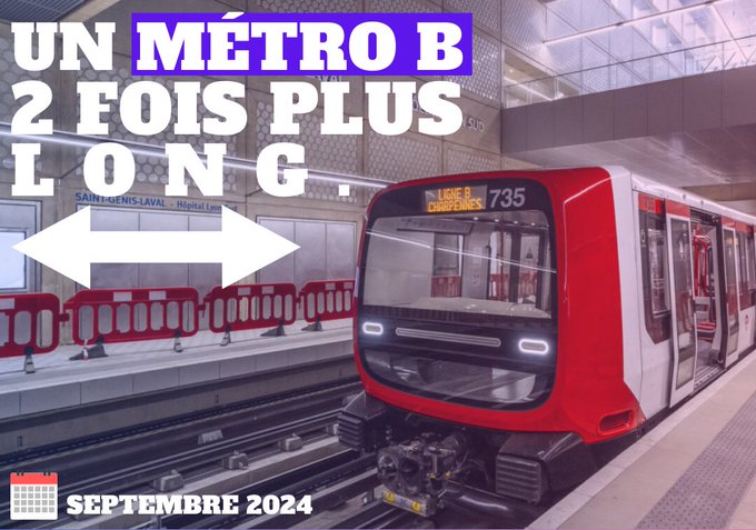 brunobernard_fr's tweet photo. đ DĂšs la rentrĂ©e de 2024, notre MĂ©tro B pourra profiter de rames de 4⣠voitures au lieu de 2.
âïž Plus de capacitĂ©s et plus de conforts pour nos usagers. L'amĂ©lioration du mĂ©tro lyonnais va continuer avec notre grand plan de modernisation d'1,7 milliard pour toutes nos lignes. https://t.co/CnywH4gRkM
