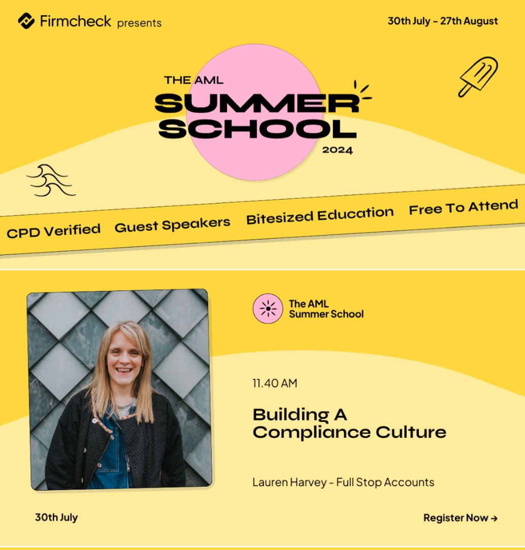 Free registration for the Firmcheck Summer School is now open, catch <a href="/FullStopLauren/">Lauren Harvey</a> in discussion with <a href="/FreshFinancials/">Emma Fox 🦊</a> on July 30th firmcheck.com/aml-summer-sch…