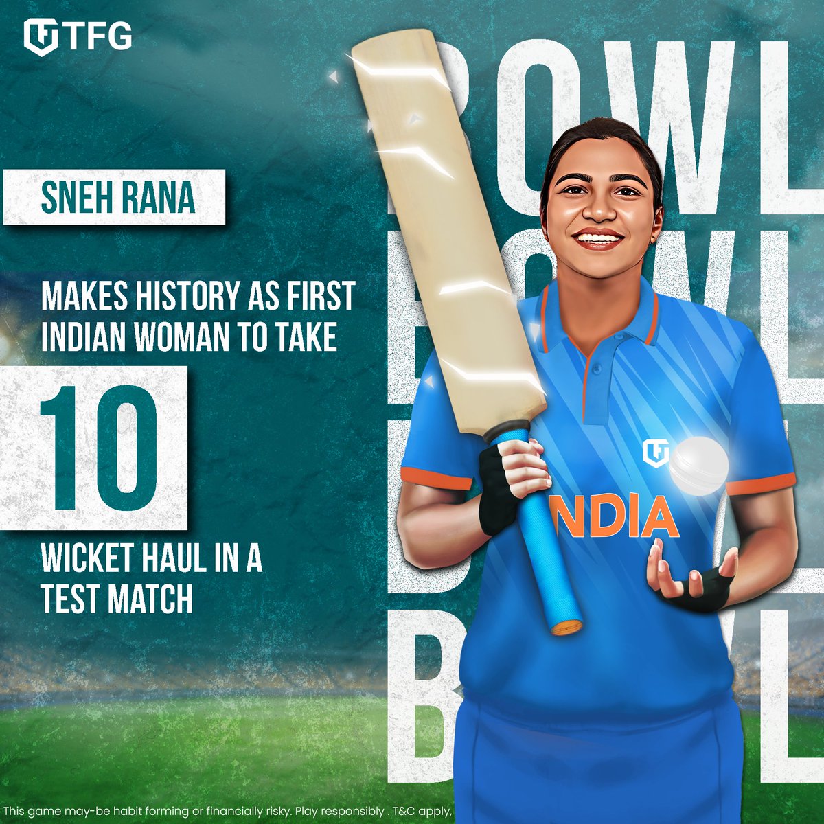 playtfg_in's tweet photo. Breaking Records! Sneh Rana becomes the first Indian woman to take a 10-wicket haul in a Test match! 🏏

#SnehRana #TestCricket #IndianTeam #INDvsSA #TFG https://t.co/uxxziWoRMb