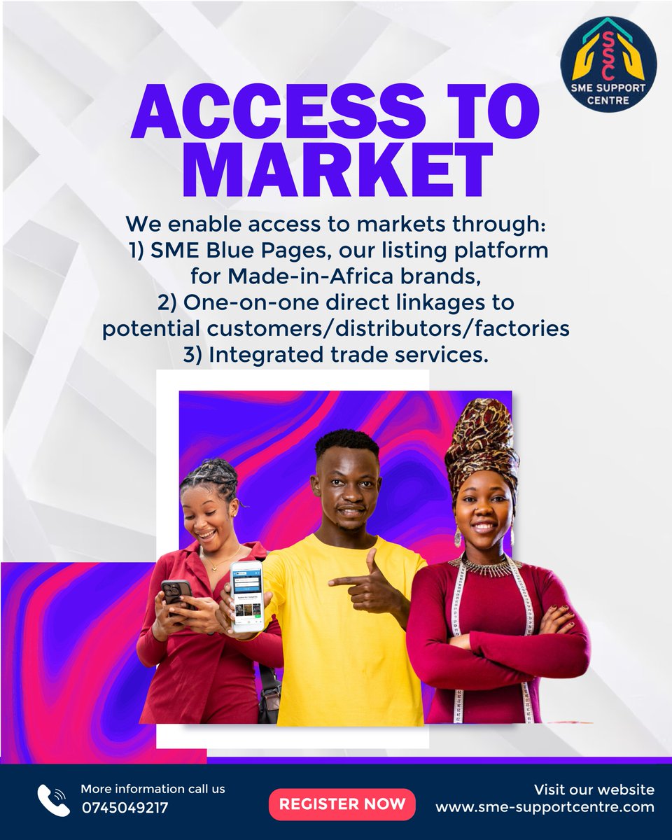 smesupport_ke's tweet photo. 🎊🏆OUR ACCESS TO MARKET SERVICES 🎊🏆:
We have an array of access to market services. Register via https://t.co/hnn1LuoDIQ and become part of our great mission!
Our team will get back to you with next steps on the selected services within 48 hrs!
#accesstomarket #madeinAfrica https://t.co/Ho8cRe6rtM