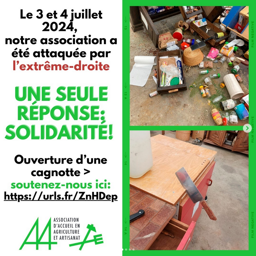Tout notre soutien à l'association A4 qui a vu ses locaux saccagés lors d'agressions racistes survenues dans leur ferme à Lannion. Pour une solidarité en actes, une cagnotte circule pour assurer les réparations et la continuités de leurs actions ! 👉urls.fr/ZnHDep