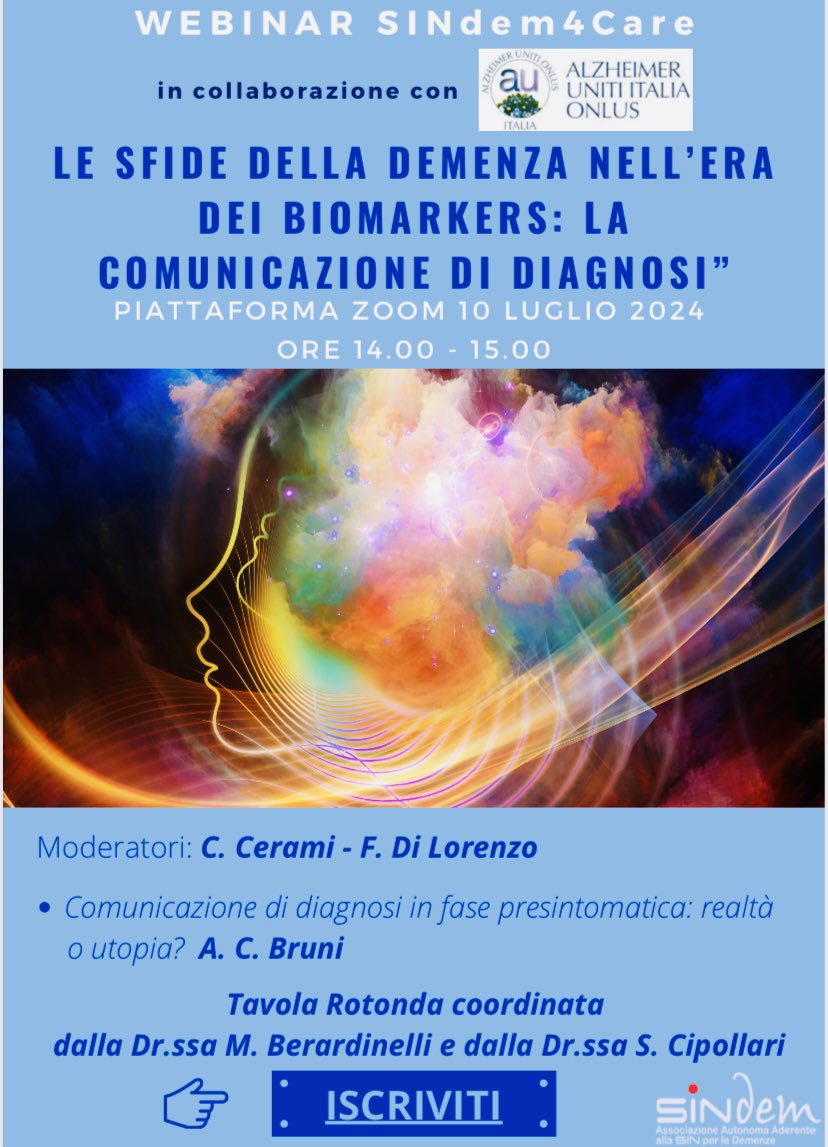 ChCerami's tweet photo. Domani 🗓️ 10 Luglio 2024 h. 14/15
Terzo Webinar SINdem4Care
Parliamo 🗣️ di #Comunicazione di #Diagnosi in fase #preclinica 🥶😰🚀 con @Dr_Di_Lorenzo @cecilia_amalia e Alzheimer Uniti Italia ONLUS
🔗 https://t.co/Kfy3d6jJiB
#SINdem #Care #Dementia #BetterDoctors #BiomarkerEra https://t.co/kovOy2J365