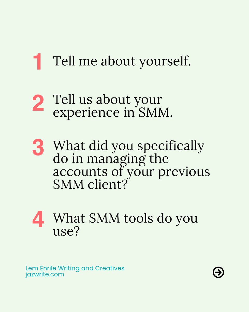 LemEnrile's tweet photo. Common Interview Questions for Social Media Managers

❓ How did your first interview as an SMM go?

#SMMinterview #interviewquestions #socialmedia #socialmediamarketing #socialmediamanagement #socialmediacontentcreator #freelancewriter #jazwrite https://t.co/4IcTf0JW34