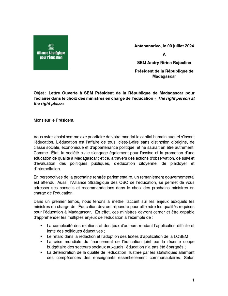 ONGIvorary's tweet photo. Antananarivo, le 09 juillet 2024

Lettre Ouverte à SEM Président de la République de Madagascar pour l’éclairer dans le choix des ministres en charge de l’éducation « The right person at the right place »

Alliance stratégique des OSC pour l'Education https://t.co/yFfFMM9CNS