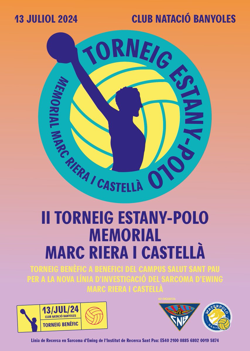 CN_Banyoles's tweet photo. Aquest proper dissabte 13 de juliol tornarem a gaudir del II Torneig Estany Polo - Memorial Marc Riera i Castellà. 🤽‍♂️🤽

La recaptació de les inscripcions es destinarà íntegrament a la investigació del Sarcoma d'Ewing de l'Hospital de Sant Pau de Barcelona. https://t.co/BAGMKXTXhu