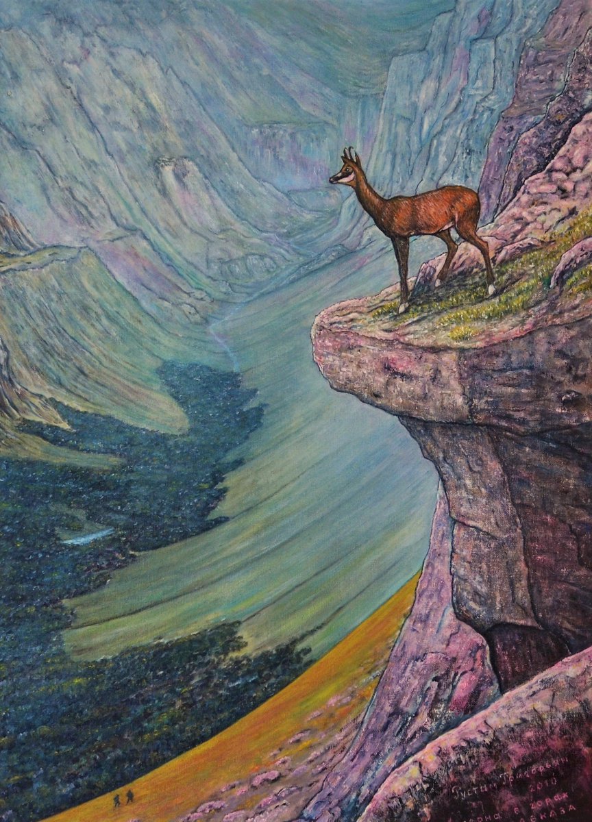 Chamois in the Caucasus mountains. Oil painting.