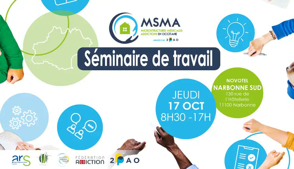 2PAOaddicto's tweet image. La 2PAO, animateur régional des Microstructures Médicales Addictions en Occitanie, organise un séminaire de travail pour les professionnels de terrain : travailleurs sociaux, psychologues, médecins, infirmiers, le 17 octobre 2024.
#MSMA #addiction  2pao.fr/index.php/even…