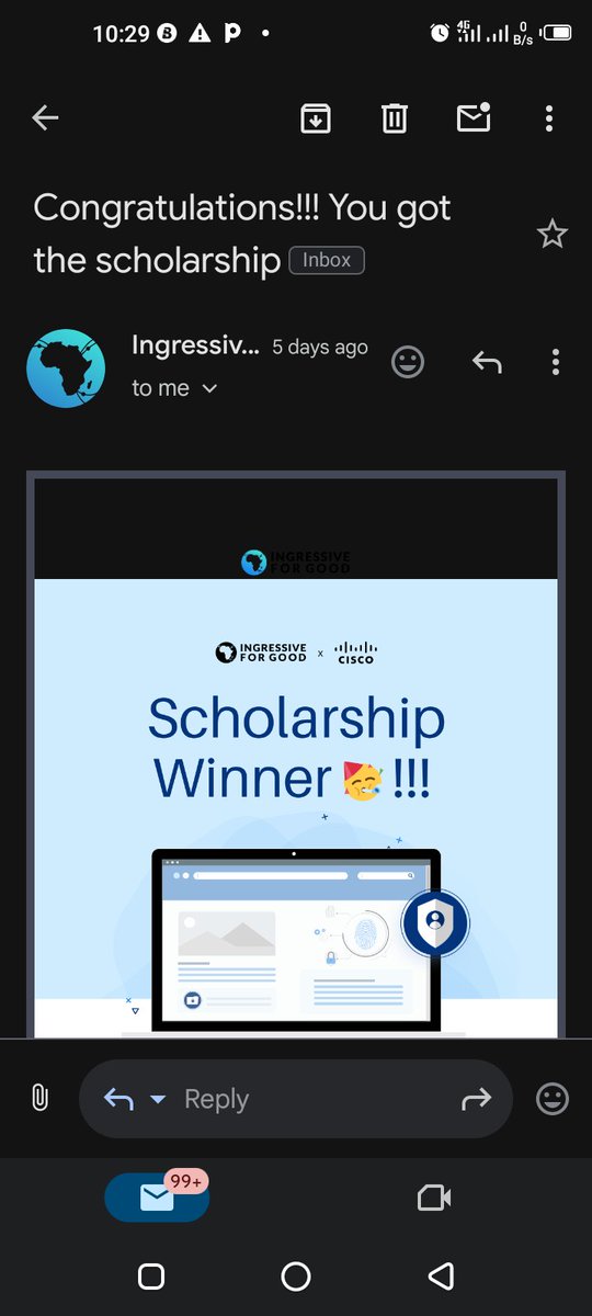 I am super excited to announce that I have been selected as a beneficiary of the #I4GCybersecurityScholarship by @ingressive4Good and @cisco

This scholarship will help me learn and build a career in Cybersecurity FOR FREE and I look forward to the ride.
