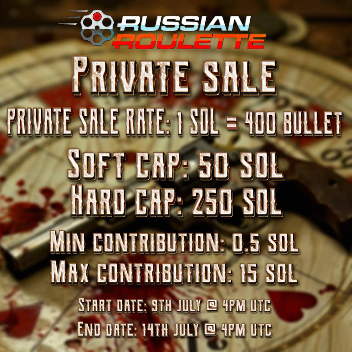 RenoCzarr's tweet photo. ••RUSSIAN ROULETTE PRIVATE SALE••
🎲🎲
Gmgm☀️.Here’s an alpha for you to hop on:
Join the thrill of Russian Roulette (BULLET)- A social game that brings the classic suspense to the digital world! 

~Play using $BULLET token
~Connect with fellow Degens
~Earn rewards for playing
~Provably fair mechanics ✅
~Audited game contract
~Team KYC by Assured DeFi
~Refer friends & earn 50% of fees

PRIVATE SALE begins on Tuesday 9th July @ 4PM UTC
Get your tokens before the sale ends Sunday 14th July @ 4PM UTC

🔗Don't miss out!!
Join the private sale now: https://t.co/W2gBKBviXj

Links. DYOR:
Website: https://t.co/udfc9QwQ3K

Game Bot: https://t.co/CxAEXkCE3E

Telegram Group: https://t.co/TzMbVVrScx

Telegram Channel: https://t.co/49ye4GuPKh

Twitter: https://t.co/GCvsTOkHe6