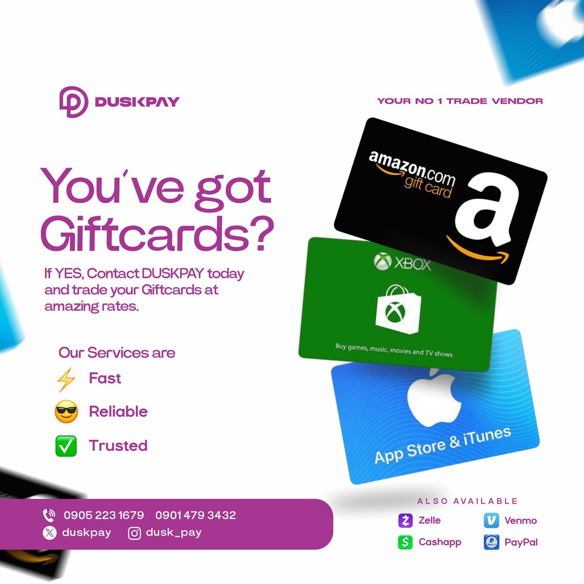 dusk_pay's tweet photo. Normally I know you have where you trade your GIFTCARDS
and you've
been for a while now,
Truth be told i cannot watch you sell your cards for the wrong prices, why not come To DUSKPAY and Trade for the best rates out there.
Be my guests! Fast payment is
100%
#DUSKPAY https://t.co/SsFOYEFJl2