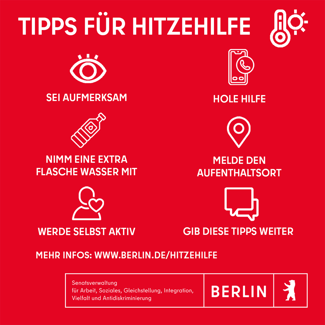 Diese Hitze macht obdachlosen Menschen schwer zu schaffen. 🥵
Unter berlin.de/hitzehilfe findet Ihr:
👉wichtige Telefonnummern
👉Angebote der #Hitzehilfe im Sommer 2024
👉Schutzräume
👉aufsuchende #Hitzehilfe
👉weitere Informationen und Dokumente
🙏Seid achtsam und helft mit!