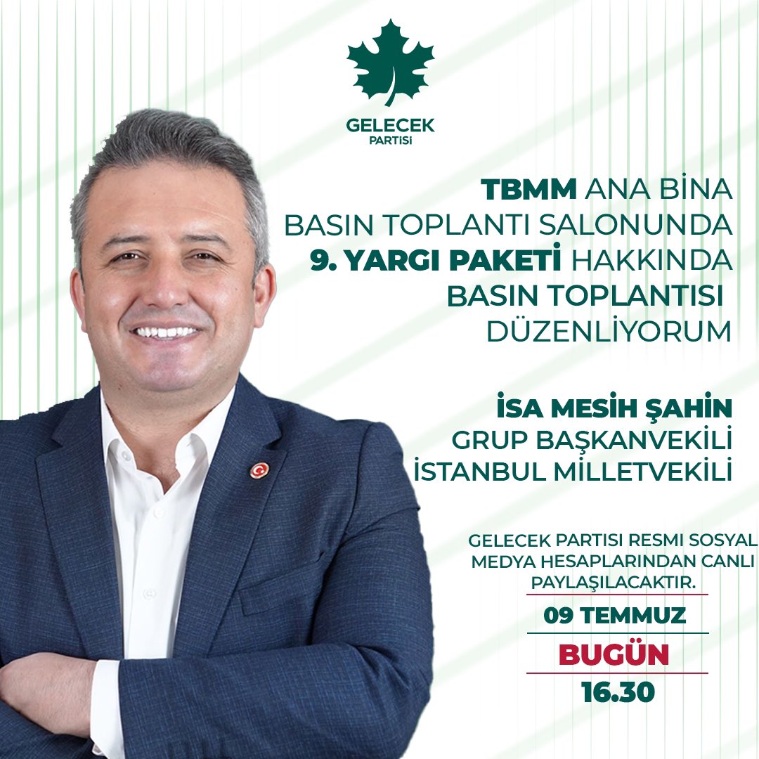 isamesihsahin's tweet photo. 📣 Değerli dostlar, 

9. Yargı Paketi hakkında bugün ⏰ 16.30’da TBMM’de basın toplantısı düzenleyeceğim. 

Toplantımızı, @GelecekPartiTR hesabımızdan CANLI olarak takip edebilirsiniz. https://t.co/HoLcHsSzHn