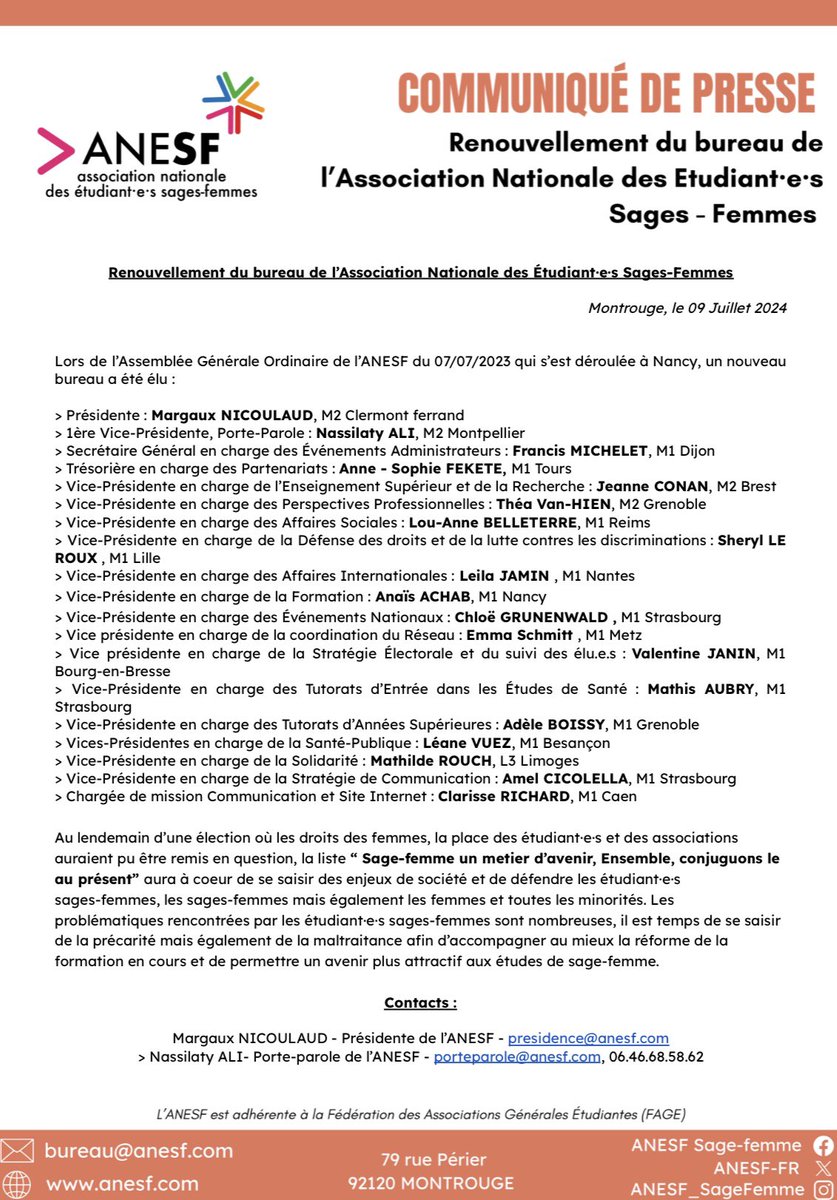 ANESF_FR's tweet photo. #CDP Élection du nouveau bureau de l’ANESF

La liste « Sage-femme, un métier d’avenir. Ensemble, conjuguons le au présent. » portée par @MargauxN_ANESF et @Nassiy_ANESF a été élue suite à l’assemblée générale de Nancy. https://t.co/YDv3Db55zI