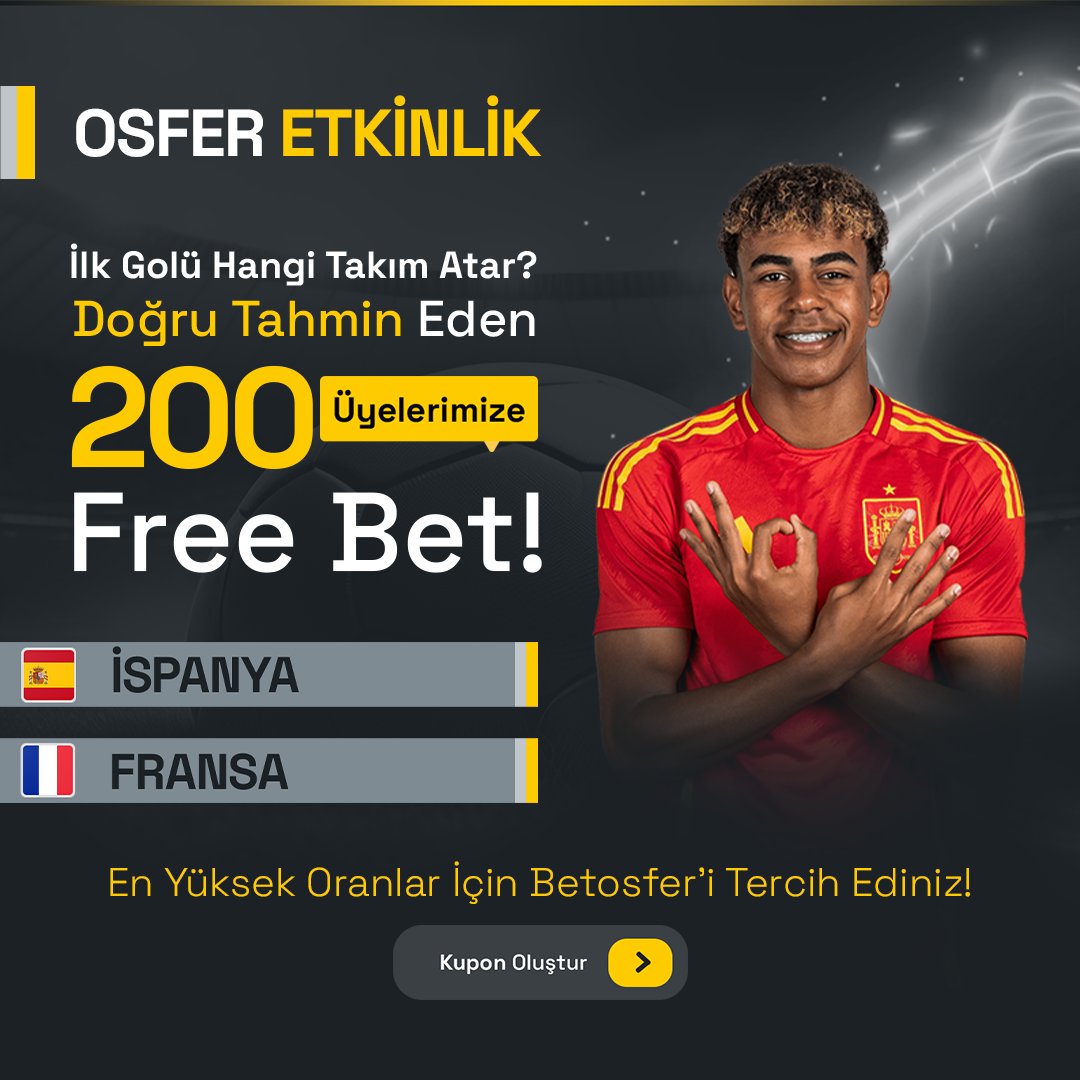 Betosfer_2025's tweet image. 📢 #BETOSFER'DE #ETKİNLİK ZAMANI!

İLK GOLÜ HANGİ TAKIM ATAR?
Doğru bilen üyelerimize 200 #Freebet hediye

⚽️ #İSPANYA 🆚 #FRANSA

@betosfermedia takip etmeyi
#Betosfer + kullanıcı İD yazmayı
RT, FAV ve 3 arkadaşını etiketlemeyi unutma

👉 osfer.link

 #EURo2024