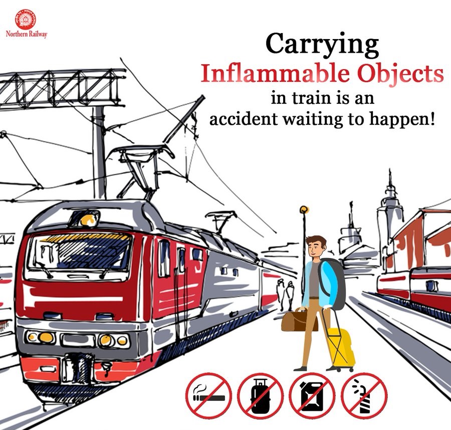 drm_lko's tweet photo. Safety first!   Never carry inflammable objects on trains. It's dangerous and against the rules. Protect yourself and your fellow passengers.   Let's keep our journeys safe with Indian Railways. #SafetyFirst https://t.co/xmxrDXzsPK