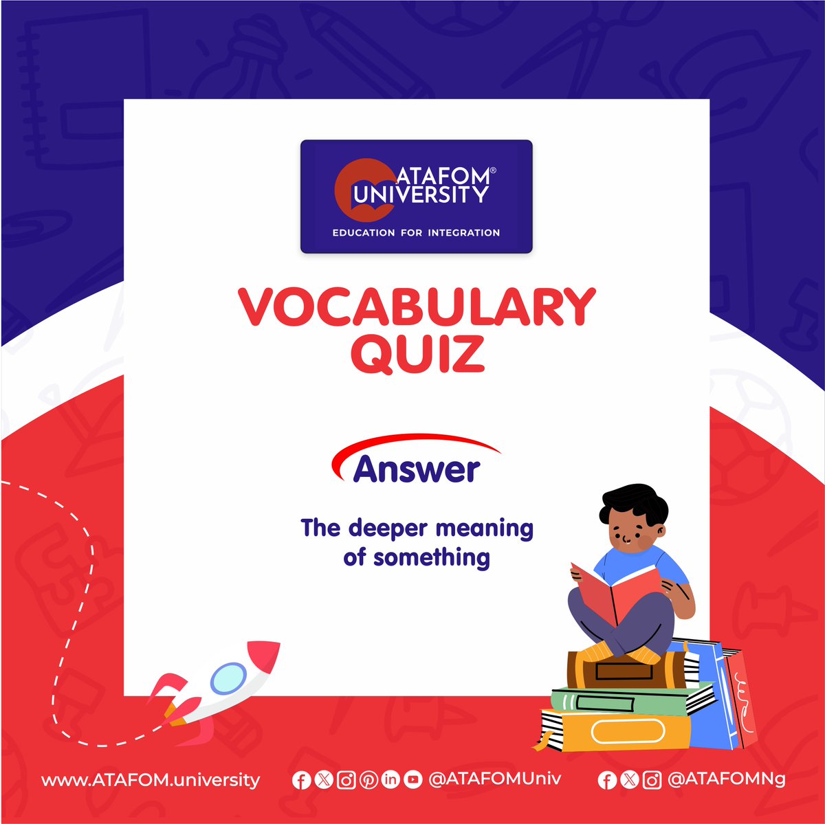AtafomNg's tweet photo. Vocabulary Quiz
Visit Our Website: https://t.co/XHg9kgF6Pq
#ATAFOM #ATAFOMNg
#ATAFOMuniversity
#SakirYavuz #nigeria
#QuizChallenge #PerfectTimingHolding
#EducationforIntegration #Education #ATAFOMLanguageAcademy #onlinecourses #jos
#admissionopen2024_25 https://t.co/Yj4qIXodNY
