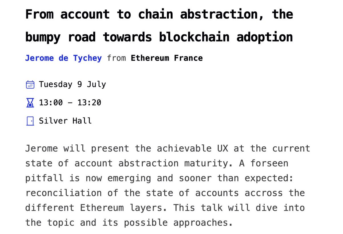 Our CEO <a href="/jdetychey/">Jerome de Tychey 🦇🔊</a> will talk about account abstraction at <a href="/EthCC/">EthCC - Ethereum Community Conference</a> today at 01:00 PM in the Silver Hall ! You don’t want to miss it ! ☄️🇧🇪 #Ethcc2024