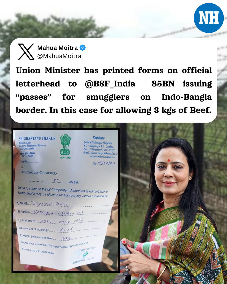 NH_India's tweet photo. #TMC MP @MahuaMoitra repeated on X her allegation that Union Minister #ShantanuThakur has been issuing passes to smugglers on the India–Bangladesh border.
#MahuaMoitra
#BorderSmuggling #Trinamool #BJP #BorderSecurity #BSF #BeefSmuggling https://t.co/m71H1udCmA