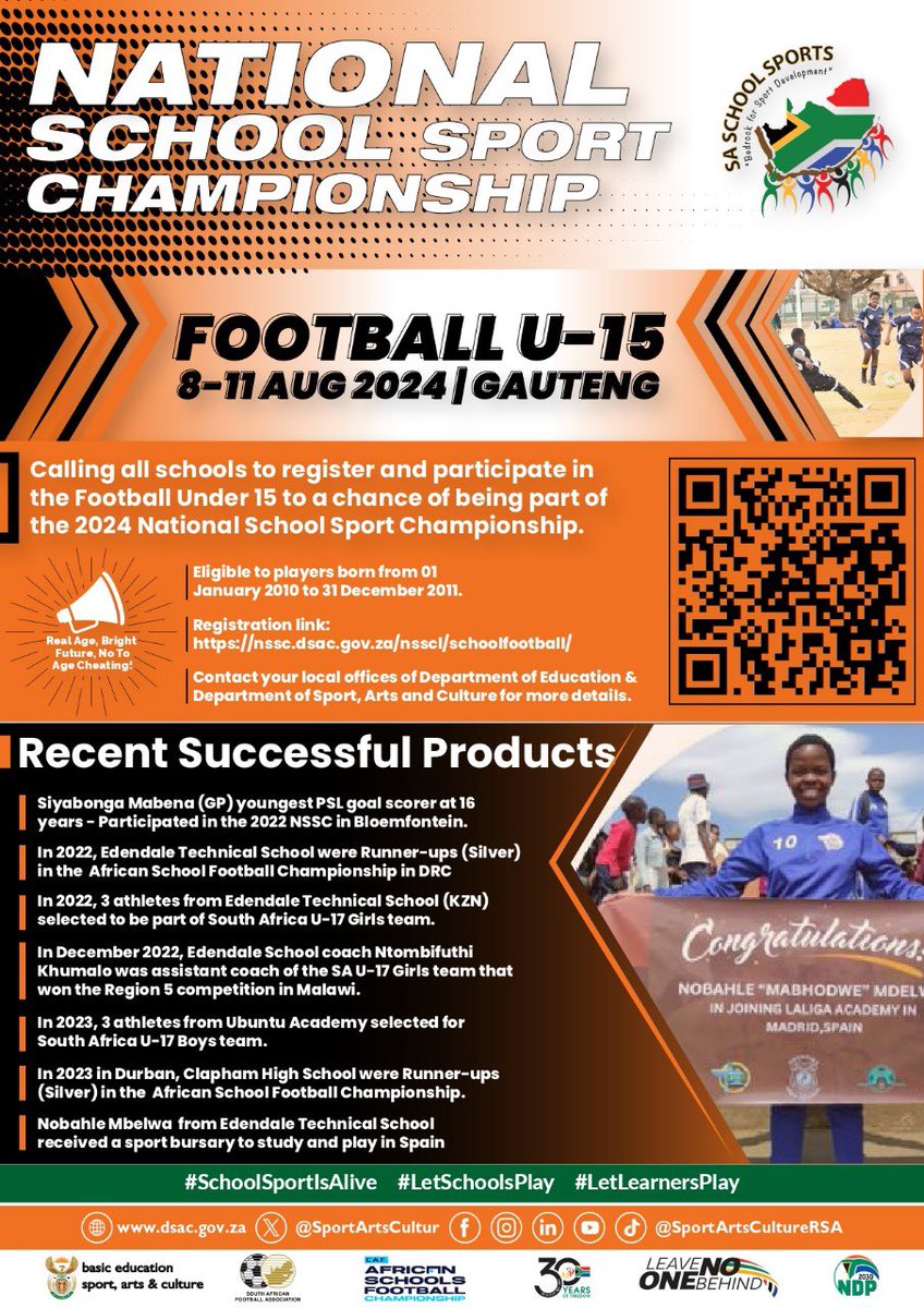 Is your school interested in participating in sports?

Does your school love Football and is good? Well this is your opportunity for your school to be part of the 2024 National School Sports Championships.

Reg link:
nssc.dsac.gov.za/nsscl/schoolfo…

#SchoolSports
#SchoolSportsIsAlive