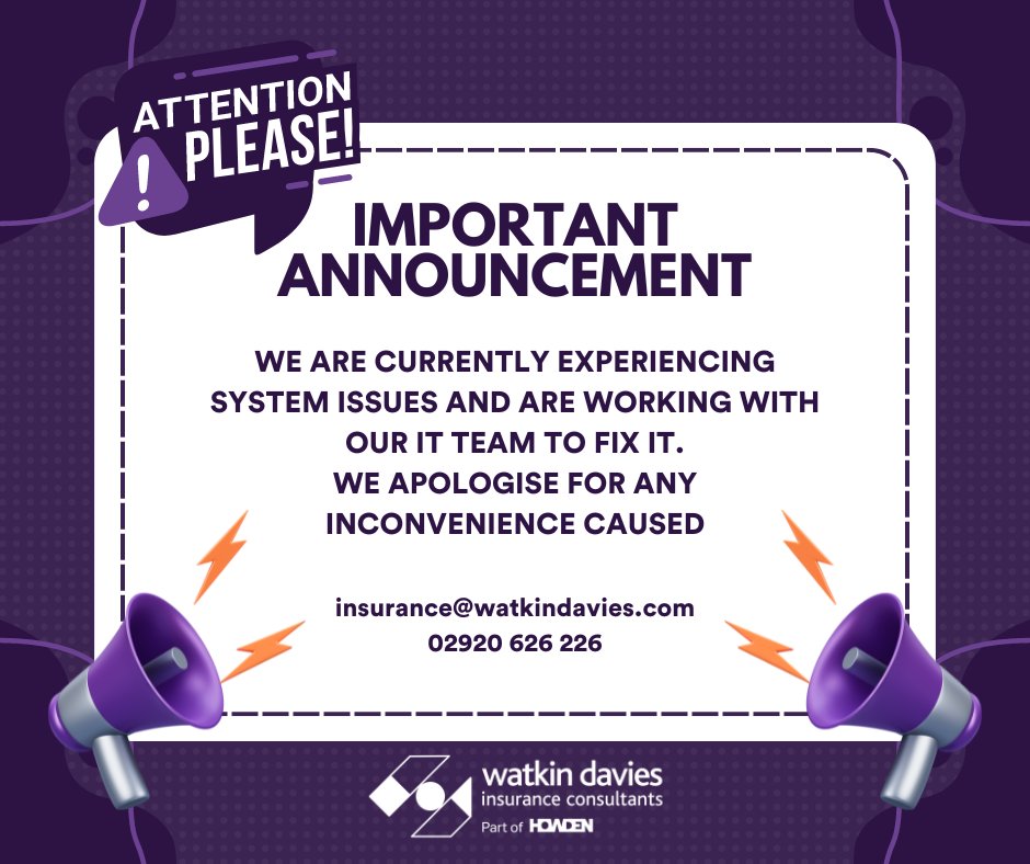 Instructorcover's tweet photo. *ATTENTION*

We are experiencing widespread system issues and are unable to process any tasks at present.

Please email us with you enquiries insurance@watkindavies.com https://t.co/Pwd3Z5FYfV