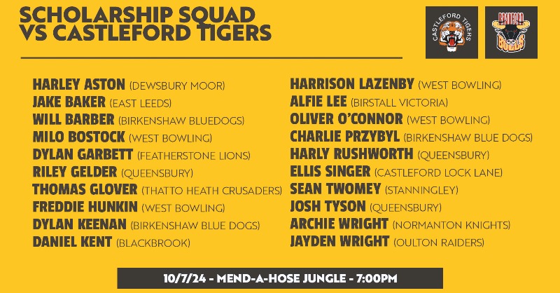 OfficialBullsRL's tweet photo. 👥 SCHOLARS SQUAD | Head coach Martyn Oxbury has named his Scholarship squad to make the trip to the Mend-A-Hose Jungle to face Castleford Tigers tomorrow night (7:00pm!)