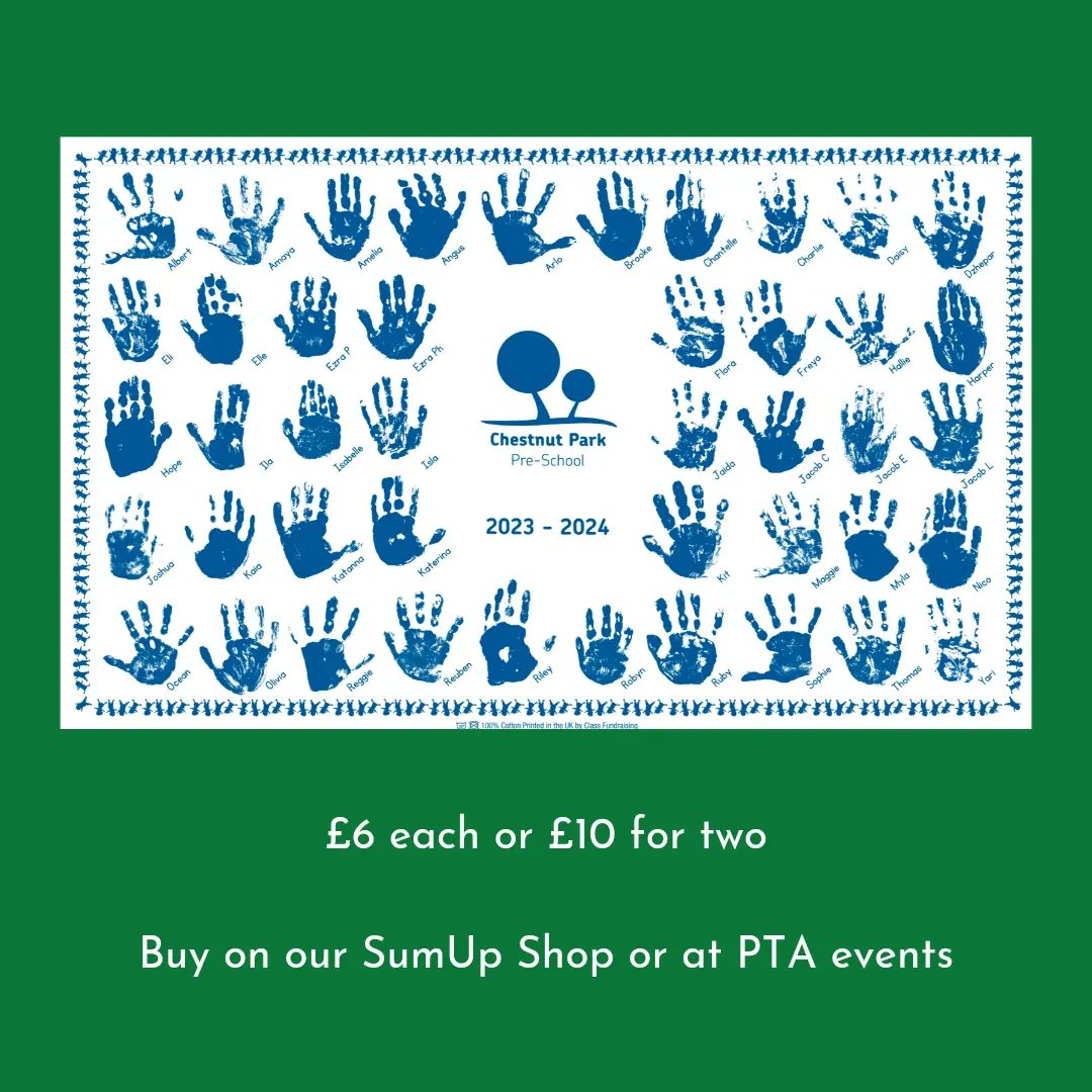 ChestnutParkPTA's tweet photo. Our lovely Pre-Schoolers have create some super cute handprint Tea Towels! 

We have a limited number available, so it's first come, first served. 

🔗 Follow the SumUp shop link to purchase yours 😊

https://t.co/4MhDK3Lo6c

@ChestnutParkSch https://t.co/ZIgN1EzUi1