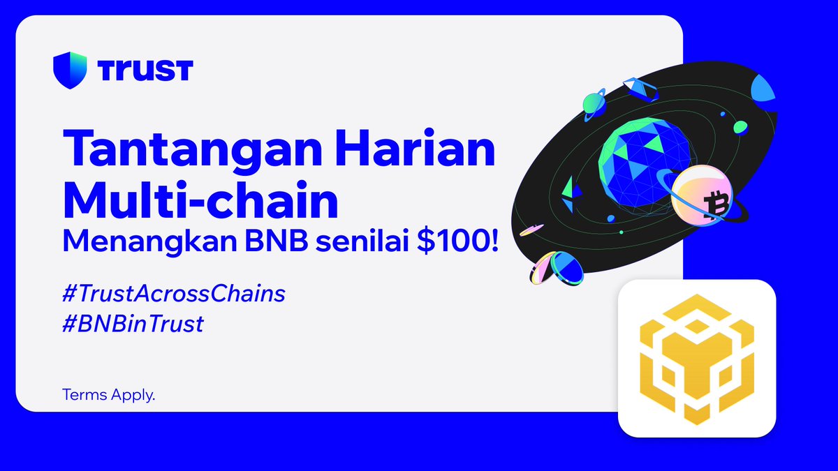 TrustWalletID's tweet photo. 🎉 Untuk Tantangan Harian Multi-chain Trust Wallet pertama kami! 🎉

1️⃣ Ikuti kami, kemudian Like dan RT postingan ini
2️⃣ Hubungkan Trust Wallet Anda ke dApp @BNBCHAIN
3️⃣ Komentar tangkapan layar dari layar dApp yang terhubung dengan hashtag #TrustAcrossChains

Komentar dengan paling banyak hati akan memenangkan $100 dalam bentuk #BNB! 🎉
Bersiaplah untuk tantangan besok! 🔥

#TrustWallet #TrustAcrossChains #BNBChain