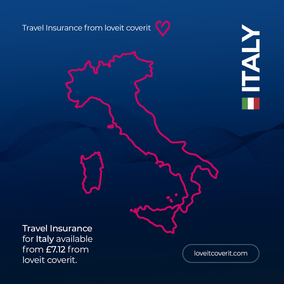 Dreaming of a trip to Italy? 🇮🇹 Get travel insurance from £7.12! Explore Italy's beauty worry-free. Buy now at loveitcoverit.com. *Price correct at posting, T&amp;Cs apply. #travelinsurance #italy #travelsafe #loveitcoverit