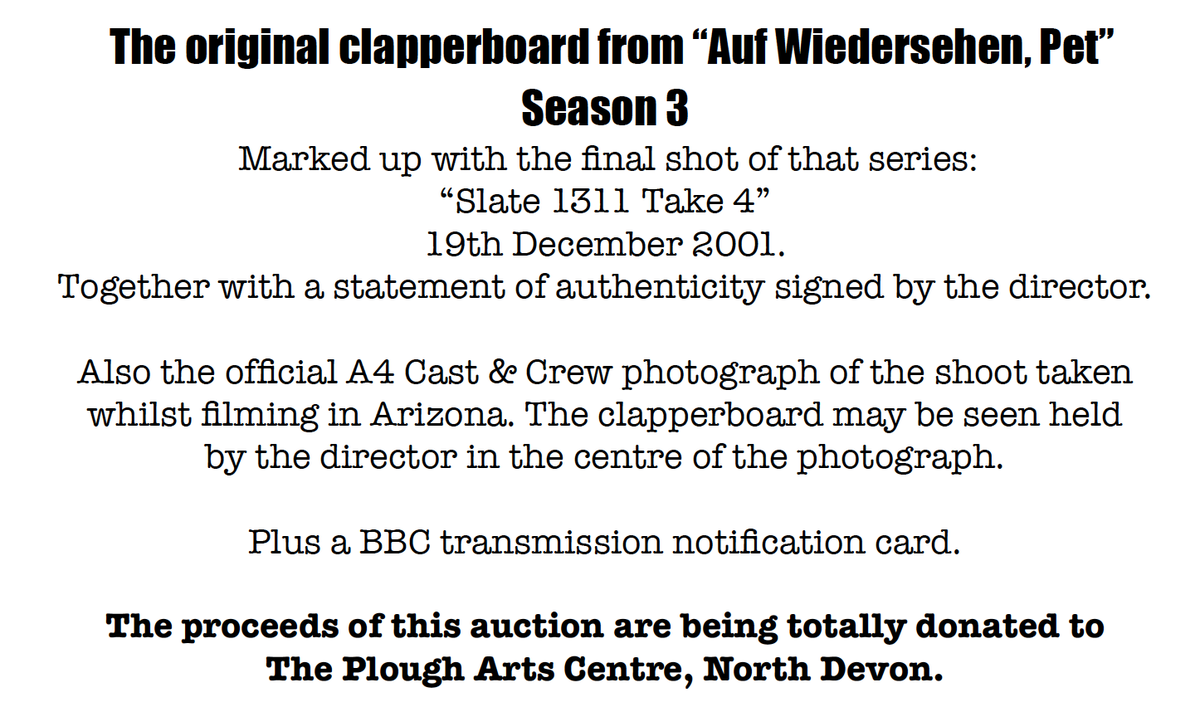 PloughArts's tweet photo. 📷ANNOUNCEMENT!
📷The bidding is now open for the original clapperboard form 'Auf Wiedersen Pet'  - together with a statement of authenticity by the Director, Paul Seed - and all proceeds will go to The Plough Arts Centre!
Get bidding here:
https://t.co/XOXOtPrXxh https://t.co/ruGXOLgfuK