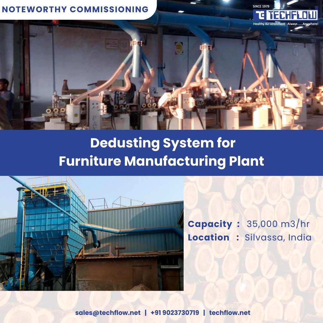 techflownet's tweet image. Installed a 35,000 m3/hr dust collector for wood working machines in Silvassa, expandable to 47,000 m3/hr. Ensuring clean workplaces for wood and furniture plants. More info: techflow.net/category/indus…
 #DedustingSystem #DustCollector #WoodWorking #FurnitureManufacturing