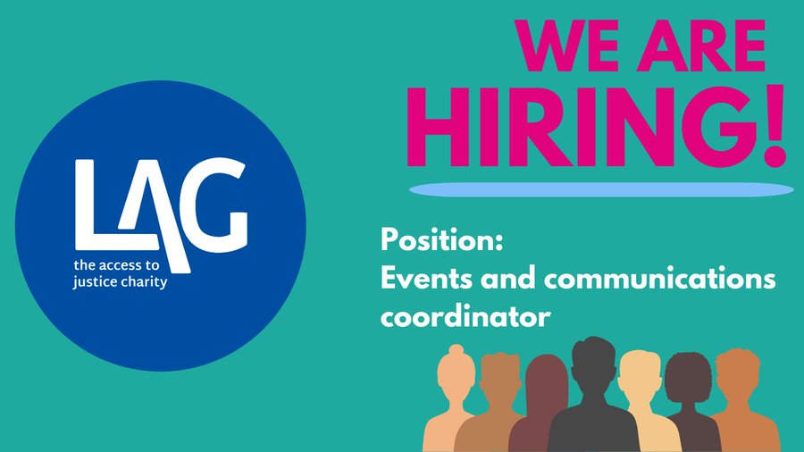 Join us and make a difference!

We are looking for an Events &amp; Communications Coordinator who is committed to access to justice. 

Find out more and apply here: lag.org.uk/jobs/215672/la…

CLOSING DATE: July 26th

#communications #events #charities #vacancy #recruitment