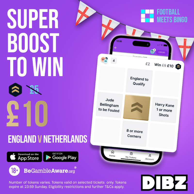 ladbible's tweet photo. ✅ England to qualify
✅ Jude Bellingham to be fouled
✅ Harry Kane 1+ shots
✅ 8+ corners

Your @Play_DIBZ card for England vs Netherlands is here for just £2 and it's been SUPER BOOSTED to £10 😏

Sign up &amp; get TWO FREE TICKETS every week 🤩

18+ BeGambleAware #ad