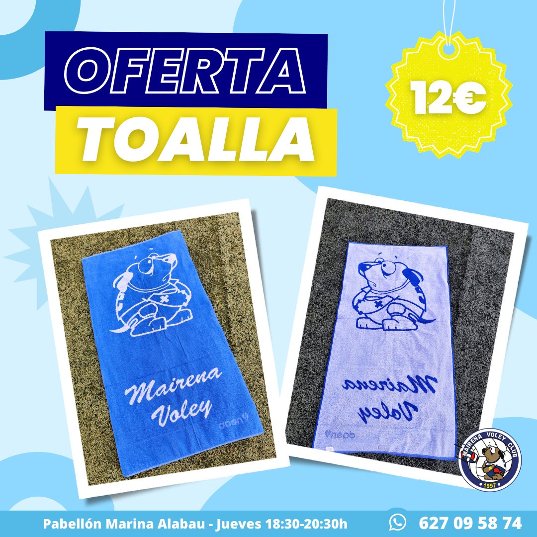 Mairenavoley's tweet photo. 🌞 ¡Prepárate para el verano con nuestras toallas del equipo por solo 12€! 🌞👉 ¡100% Algodón!

Aprovecha esta oferta especial y lleva contigo el espíritu del equipo a todas partes🙌🏻

📍 Av. de la Constitución, 2, Mairena del Aljarafe
🕣Lunes y jueves de 18:30 a 20:30 horas. https://t.co/W3se5FyhiO