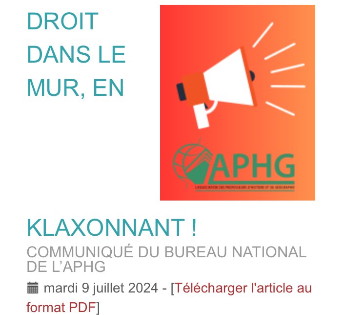 « Droit dans le mur, en klaxonnant! »
▶️ Un communiqué du bureau de l’APHG national au sujet de la réforme du CAPES, qu’il serait urgent d’abandonner… pour mieux la repenser! 
aphg.fr/DROIT-DANS-LE-…