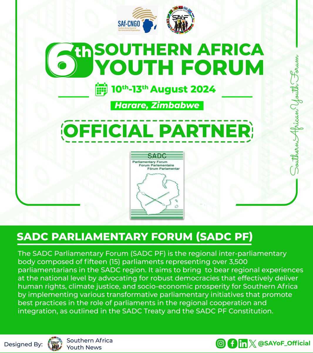 SAYoF_DISABLITY's tweet photo. 📢📢6️⃣th Southern Africa Youth Forum Official Partner Announcement 

📌SADC Parliamentary Forum🤝

🗒10 - 13 August 2024 |📍Harare, Zimbabwe🇿🇼

#6thSouthernAfricaYouthForum #SouthernAfricaYouth https://t.co/azIiaWitsK