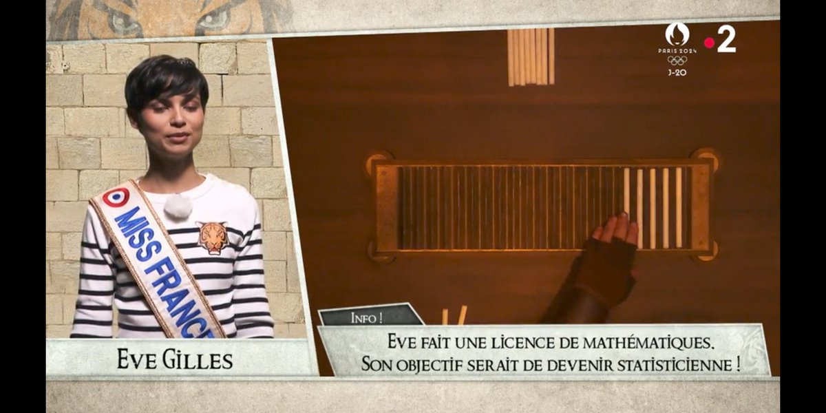 Fort Boyard, émission du 06/07. Eve Gilles, miss France 2024 et étudiante en maths, tombe sur l'épreuve des bâtonnets. Elle a bien sûr gagné, avant d'expliquer (et justifier) la stratégie optimale. Des maths en prime time, je prends.
