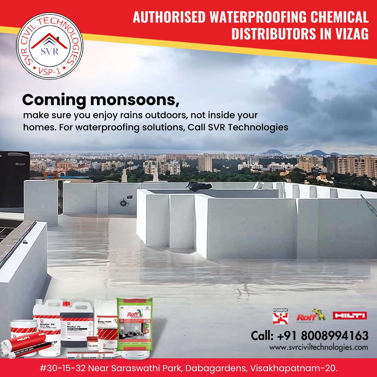 SvrCivil's tweet image. 🌧️ Enjoy the Monsoons Outdoors! 🌧️

Make sure you enjoy the rains outside, not inside your homes. Protect your home with our expert waterproofing solutions!

 Call: +91 8008994163  

#SVRTechnologies #WaterproofingSolutions #MonsoonReady #Visakhapatnam #VizagWaterproofing