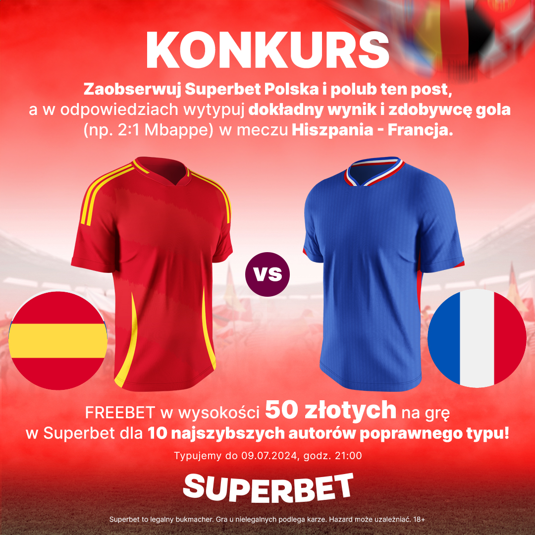 #KONKURS! Typujemy dokładny wynik (regulaminowy czas gry) oraz strzelca gola ⚽️ w meczu Hiszpania - Francja
---
✅ Zaobserwuj <a href="/SuperbetPL/">Superbet</a>

❤️ Polub i daj RT 🔁
👤 Dodaj nick z Superbet
🎁 Nagroda - freebet 50 PLN💰
#SPAFRA #EURo2024