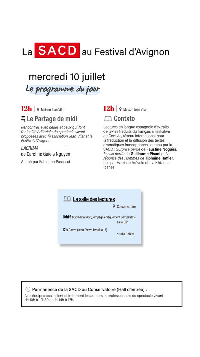 SACDParis's tweet photo. ✨La SACD est comme chaque année à #Avignon pour proposer un riche programme...    

Demain RDV à la @MaisonVilar pour Les Belles heures des Auteurs avec @artcena_fr et les lectures en 🇪🇸 de Contxto.    

Le programme complet : https://t.co/CuubUKfdF9 https://t.co/4dzZL6U2nT