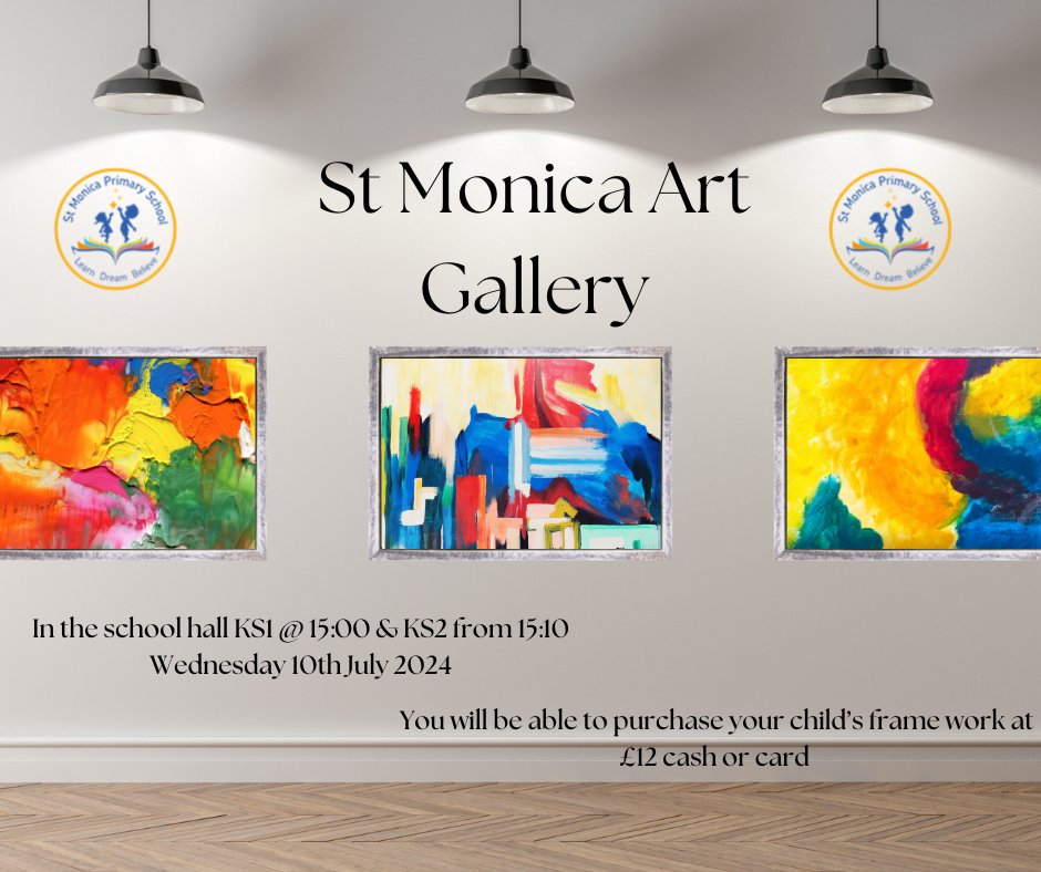 St Monica Primary (@monica_primary) on Twitter photo REMINDER:
We are holding our St Monica Primary Art Gallery on Wednesday 10th July 2024. All parents will need to sign in upon entry KS1 @ 15:00 KS2 from 15:10. Items can be purchased for £12. As soon as you have viewed/purchased please vacate the hall <a href="/inspire_learnin/">Inspire Learning Partnership</a> REMINDER:
We are holding our St Monica Primary Art Gallery on Wednesday 10th July 2024. All parents will need to sign in upon entry KS1 @ 15:00 KS2 from 15:10. Items can be purchased for £12. As soon as you have viewed/purchased please vacate the hall <a href="/inspire_learnin/">Inspire Learning Partnership</a>