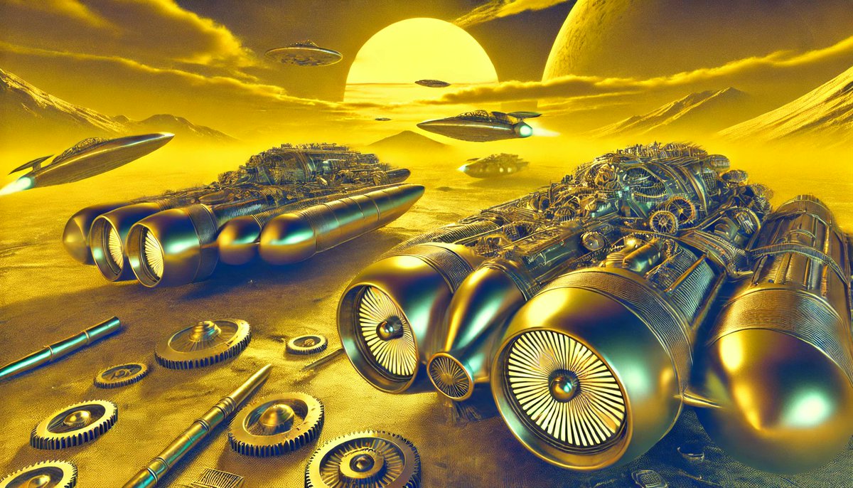 222TT222's tweet photo. Thank you. An interesting golden scene appeared. <<Argent silver spaceships lying, in the yellow haze of the sun, #Anaglyphic #Steampunk, in the style of 1950s pulp>> #DALLE #アナグリフ #スチームパンク https://t.co/QfsHudy5zx