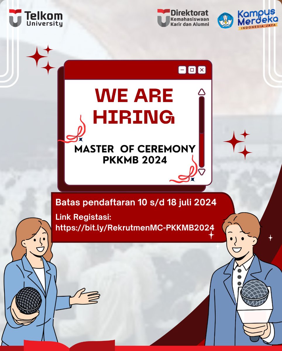 ditmawa_telu's tweet photo. Halo Telutizen!
Direktorat Kemahasiswaan, Karir, &amp; Alumni sedang mencari telutizen yang berpotensi menjadi MC di PKKMB 2024. Persyaratannya cukup mengisi registrasi di link berikut:
https://t.co/fAjvJml5KJ
Pendaftaran dilakukan dari tanggal 10-18 Juli 2024
Ayo daftarkan dirimu!😉 https://t.co/rNAjtzeF18