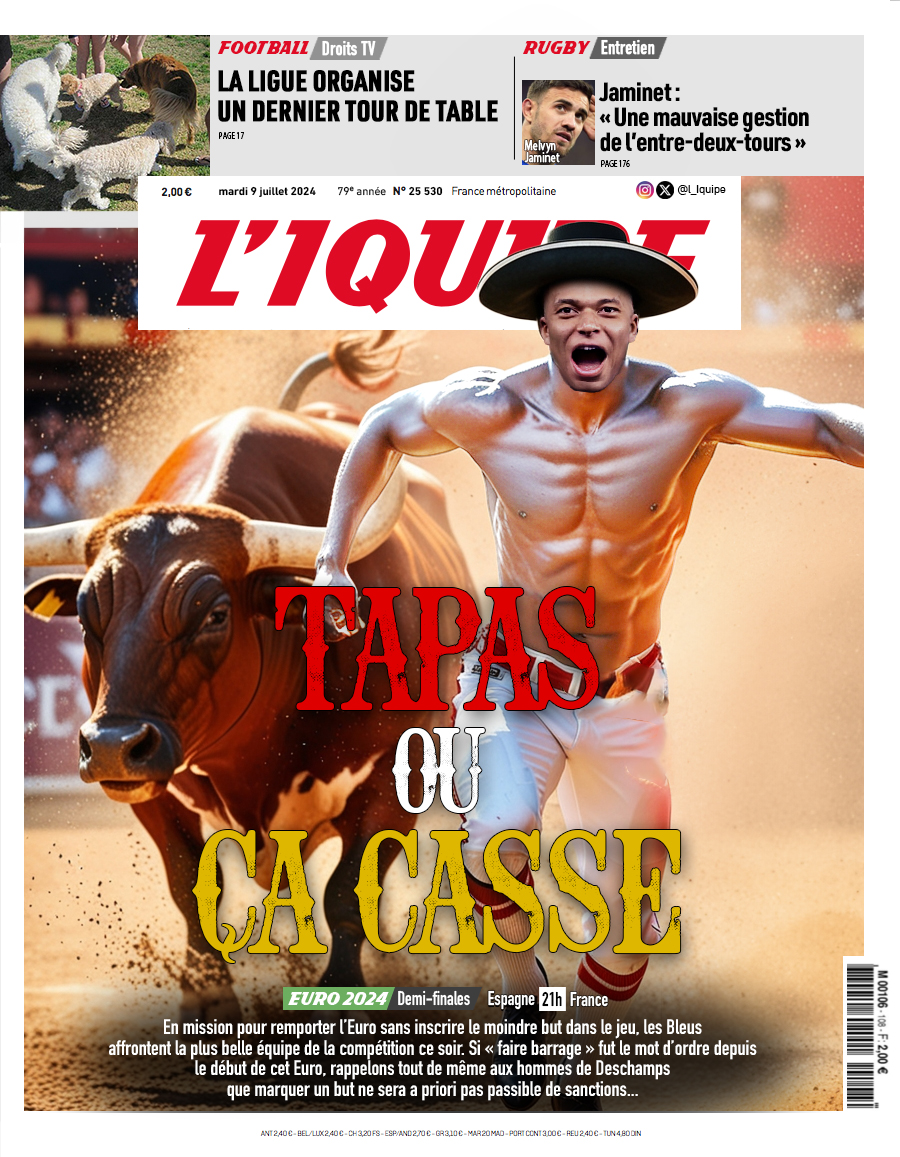 Voici la une du journal L'Iquipe du mardi 9 juillet : 

- #ESPFRA : Pour l'amour du beau jeu
- #DroitsTV : Toujours pas
- #Rugby : La France fait honneur aux "valeurs" de l'ovalie

#France #Mbappe #Griezmann #Yamal #Roja #Deschamps #Jaminet #XVdeFrance
