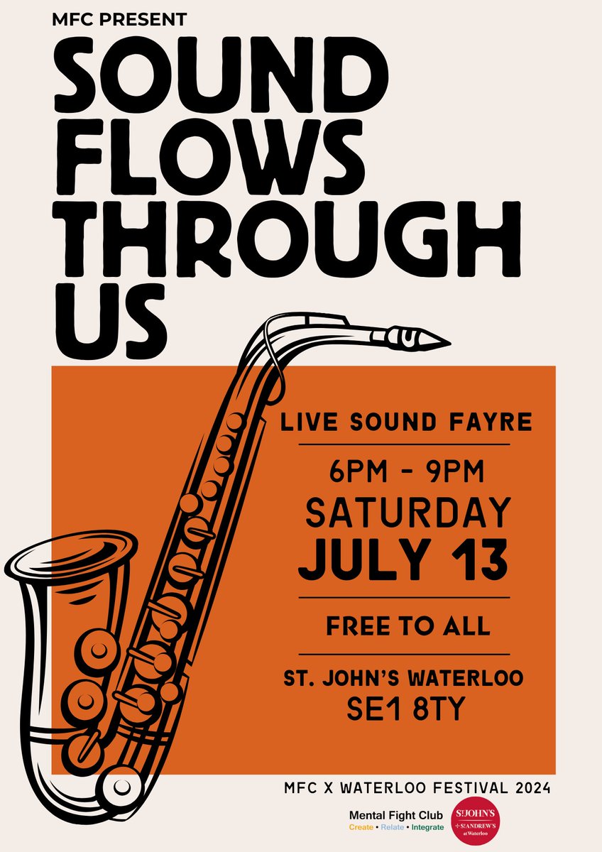 Mental Fight Club (@mfc_arts) on Twitter photo Join us at Waterloo Festival 2024 this Saturday for an evening of sound…
Watch, listen, or join in with your own instrument. All are welcome!
Reserve a free spot here: eventbrite.co.uk/e/sound-flows-…
Waterloo Festival 2024 programme: stjohnswaterloo.org/arts/wf2024/
<a href="/Waterloofestiv/">Waterloo Festival</a> Join us at Waterloo Festival 2024 this Saturday for an evening of sound…
Watch, listen, or join in with your own instrument. All are welcome!
Reserve a free spot here: eventbrite.co.uk/e/sound-flows-…
Waterloo Festival 2024 programme: stjohnswaterloo.org/arts/wf2024/
<a href="/Waterloofestiv/">Waterloo Festival</a>