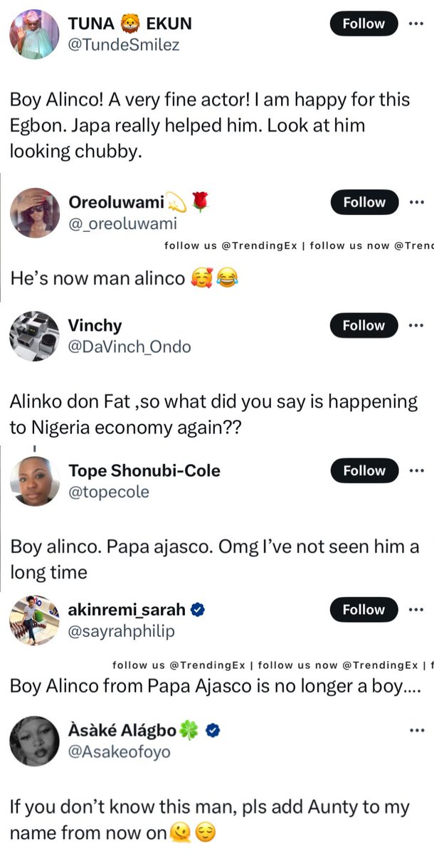 TrendingEx's tweet photo. Boy Alinco is trending because of this new video of the veteran actor in his Texas home.

Bayo Bankole is popularly known by his character Boy Alinco from the Papa Ajasco comedy series in the early 2000's.

He has since moved to the United States, but visits Nigeria often for shows and other events.

You don't know Alinco? Check third frame, you are welcome 💙