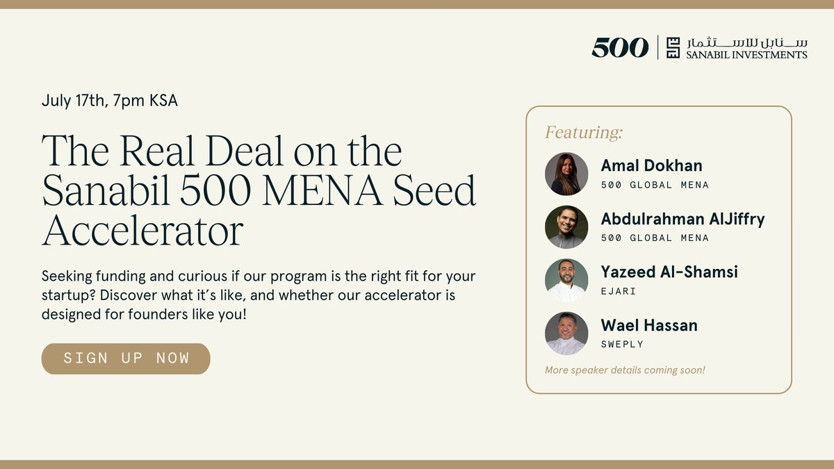 What’s the Real Deal on the #Sanabil500 MENA Seed Accelerator? 
✨ Hear honest experiences from our alumni
✨ Learn the evaluation process from <a href="/500GlobalVC/">500 Global</a> 
✨ Uncover secrets to promising applications
✨ Get answers to your questions in a live Q&amp;A

👉 bit.ly/3LgJh8J