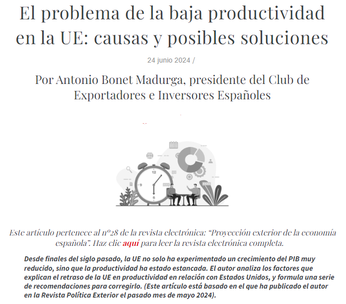 En nuestra revista electrónica "𝐏𝐫𝐨𝐲𝐞𝐜𝐜𝐢𝐨́𝐧 𝐞𝐱𝐭𝐞𝐫𝐢𝐨𝐫 𝐝𝐞 𝐥𝐚 #economía 𝐞𝐬𝐩𝐚𝐧̃𝐨𝐥𝐚" <a href="/Iberglobal/">Iberglobal</a> publicamos el artículo de nuestro presidente: "El problema de la baja productividad en la UE: causas y posibles soluciones"

Lee más: clubexportadores.org/el-problema-de…
